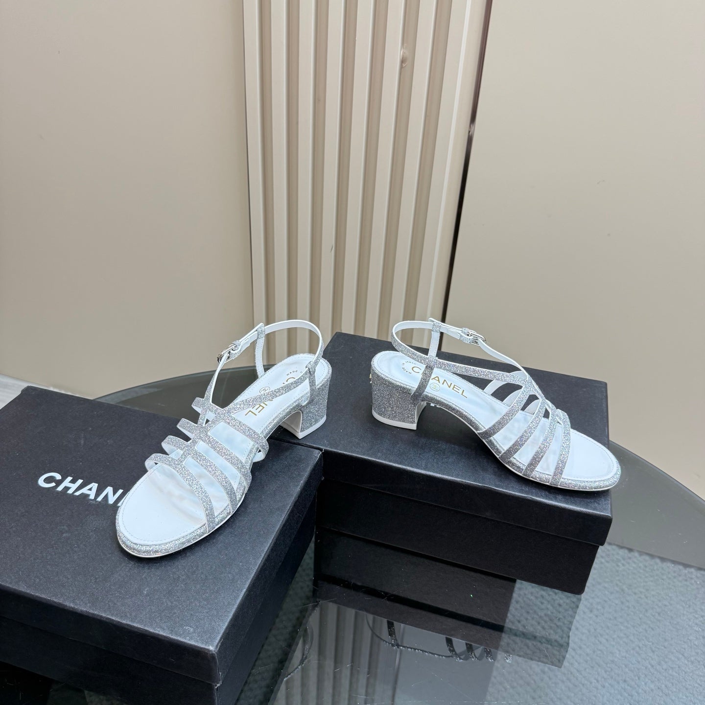 CHANEL 25 Sandal Heels Silver Sheepskin 239420