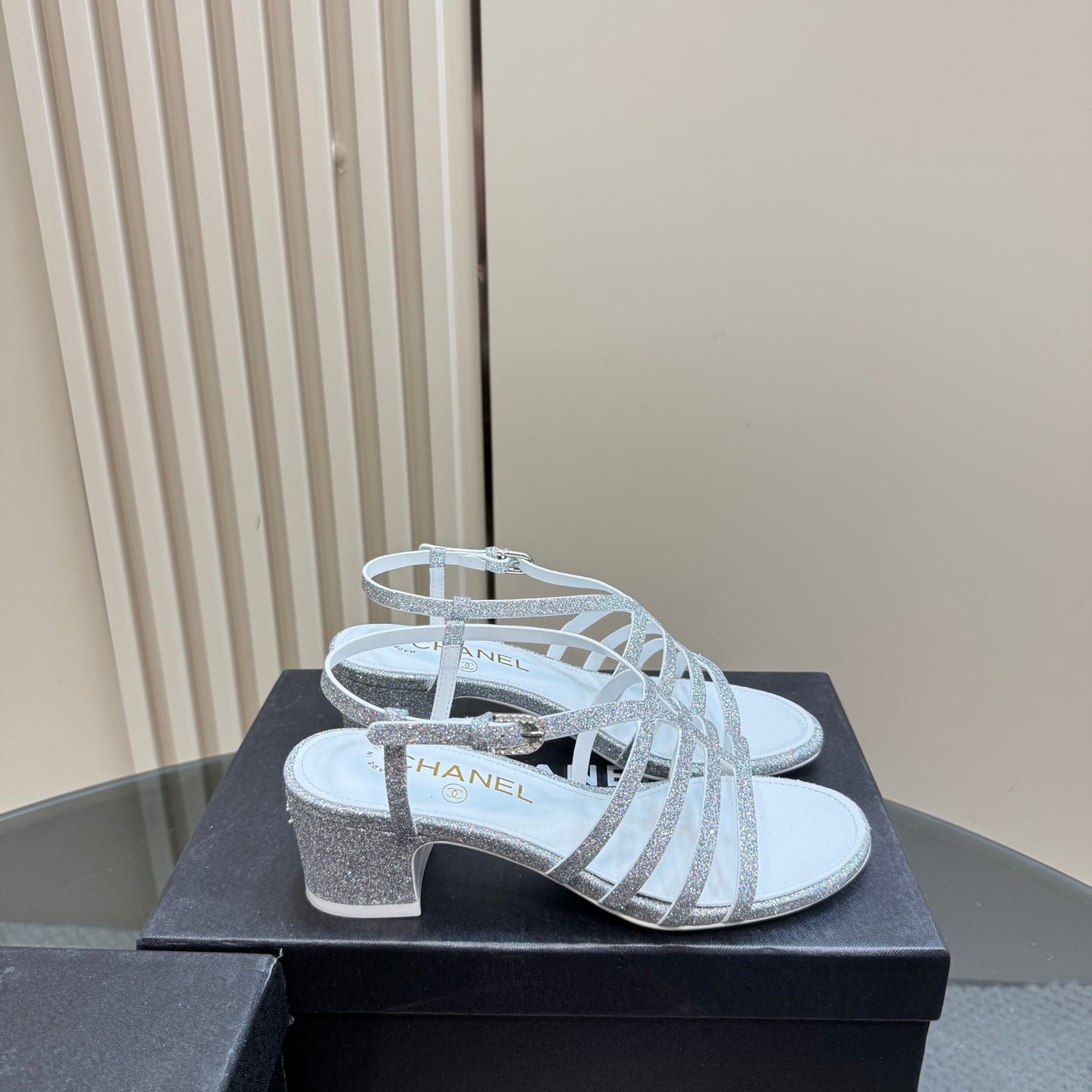 CHANEL 25 Sandal Heels Silver Sheepskin 239420