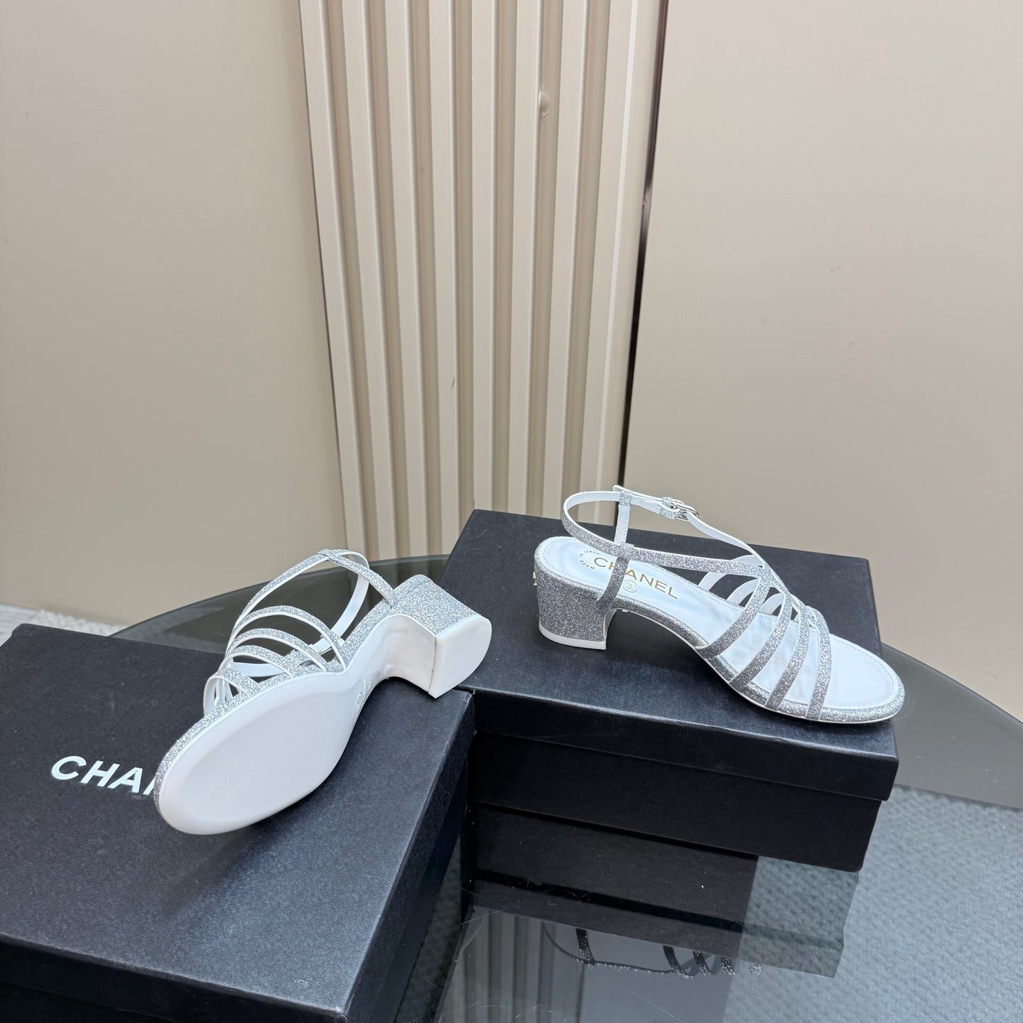 CHANEL 25 Sandal Heels Silver Sheepskin 239420