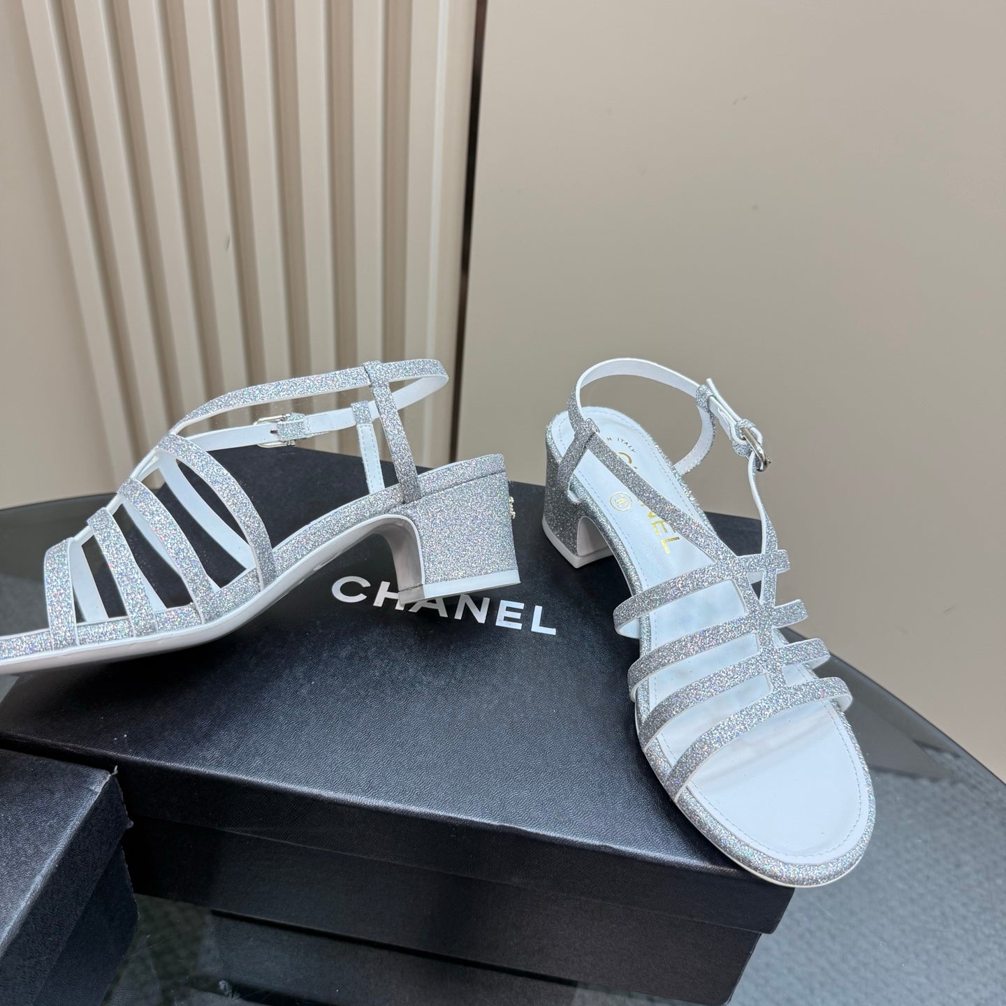 CHANEL 25 Sandal Heels Silver Sheepskin 239420