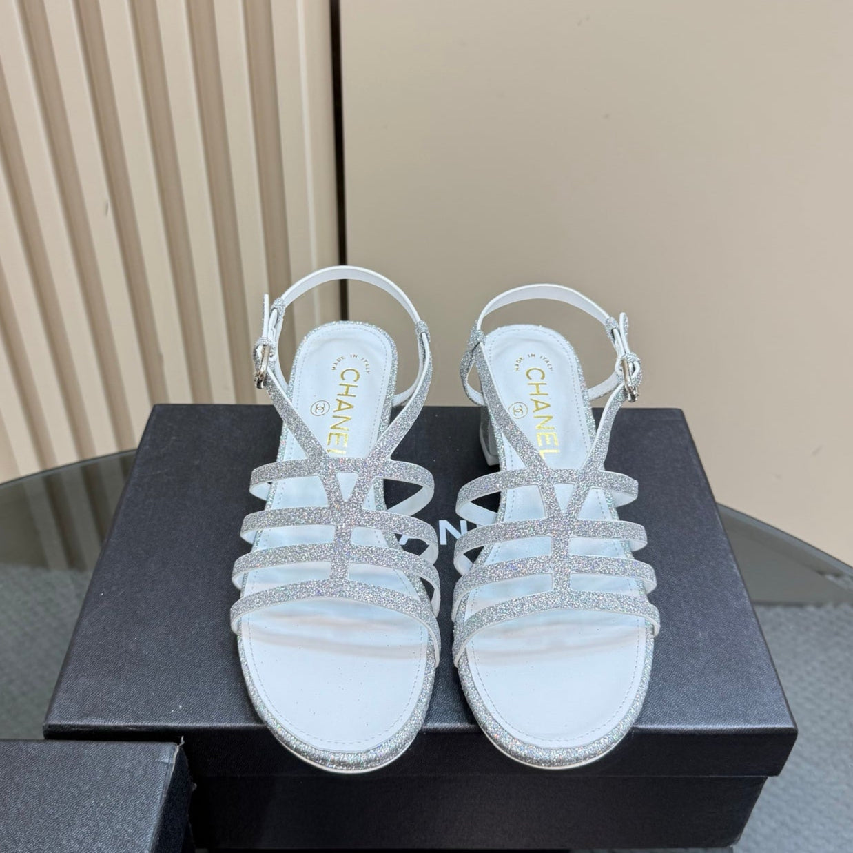 CHANEL 25 Sandal Heels Silver Sheepskin 239420
