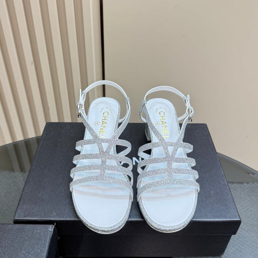 CHANEL 25 Sandal Heels Silver Sheepskin 239420