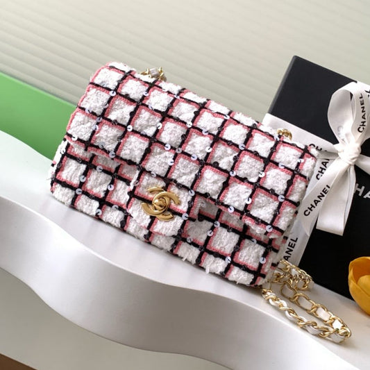 CHANEL 25C Pink White Black Tweed Gold Hardware