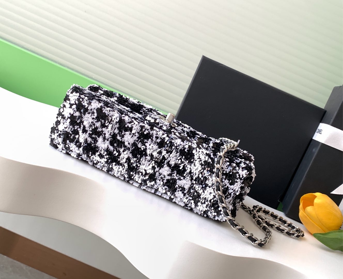 CHANEL 25C White Black Sequin Silver Hardware