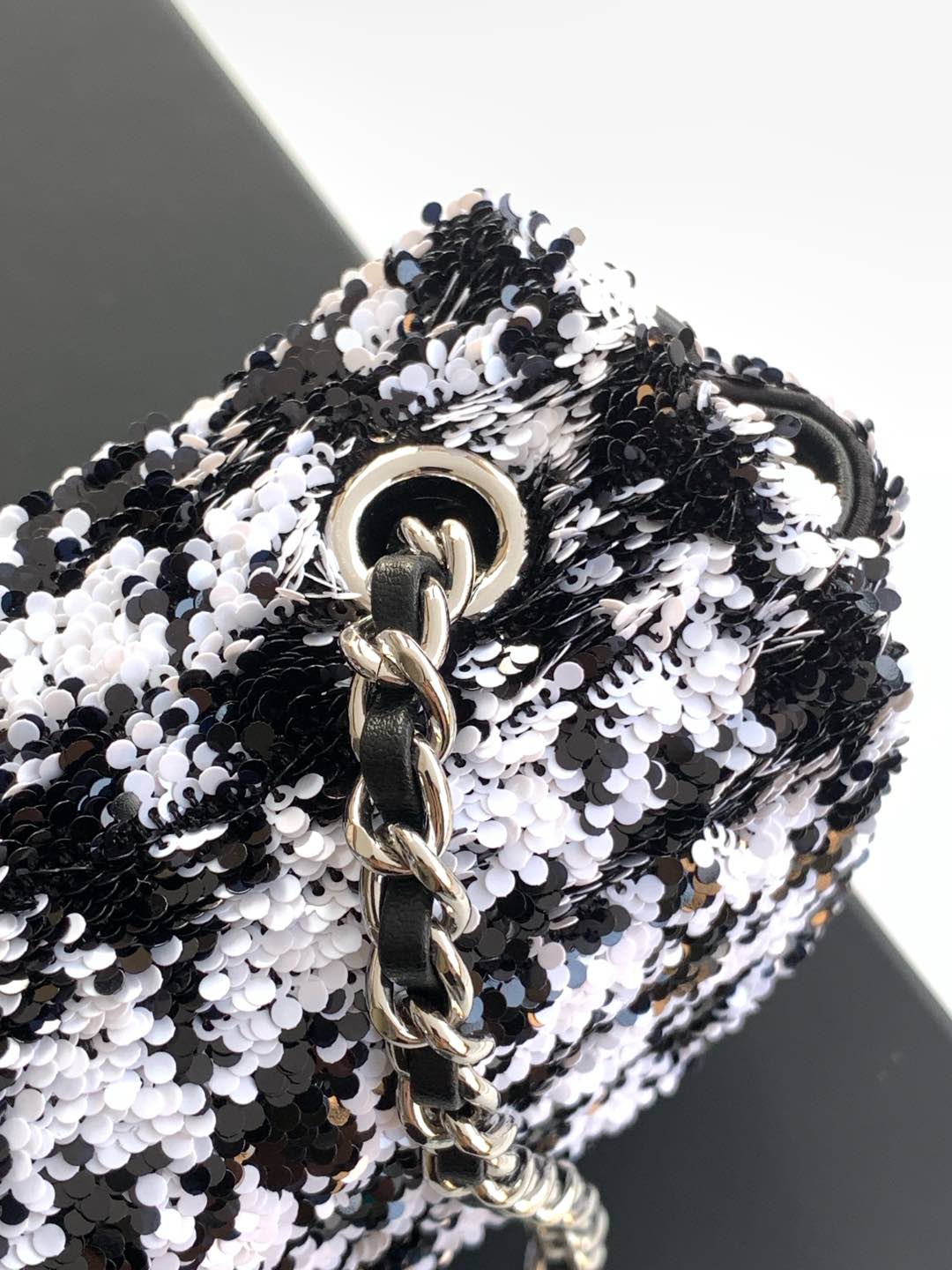 CHANEL 25C White Black Sequin Silver Hardware