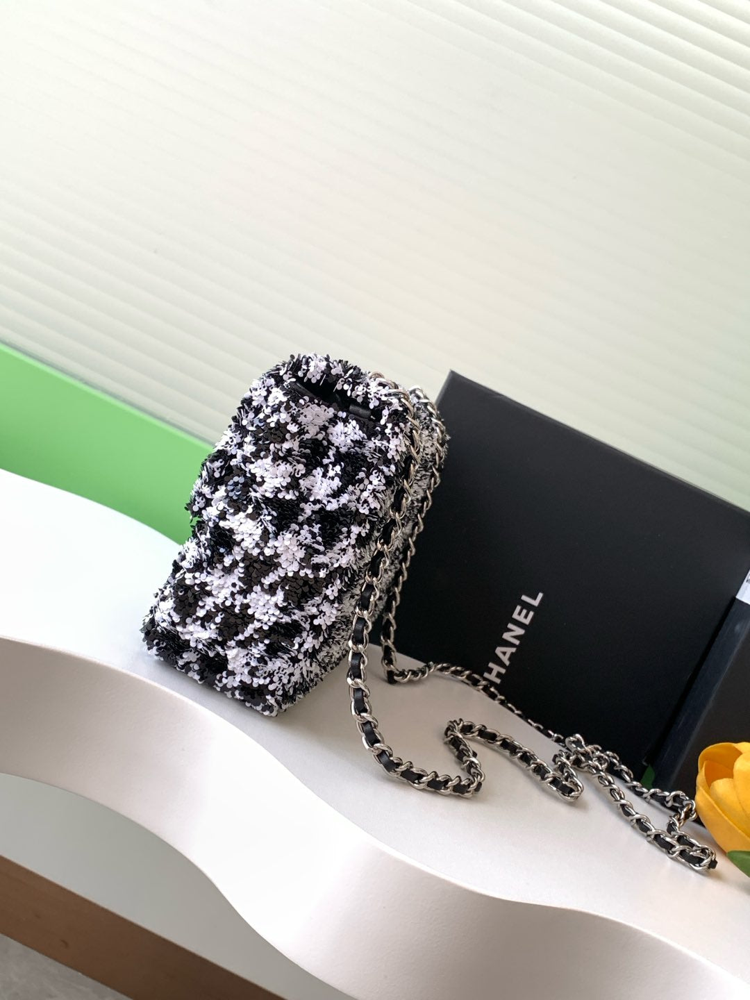 CHANEL 25C White Black Sequin Silver Hardware