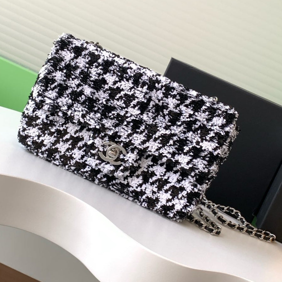 CHANEL 25C White Black Sequin Silver Hardware