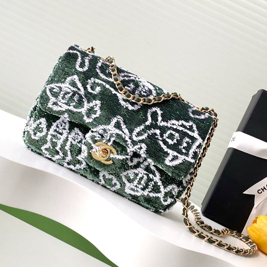 CHANEL 25C Dark Green White Sequin Gold Hardware
