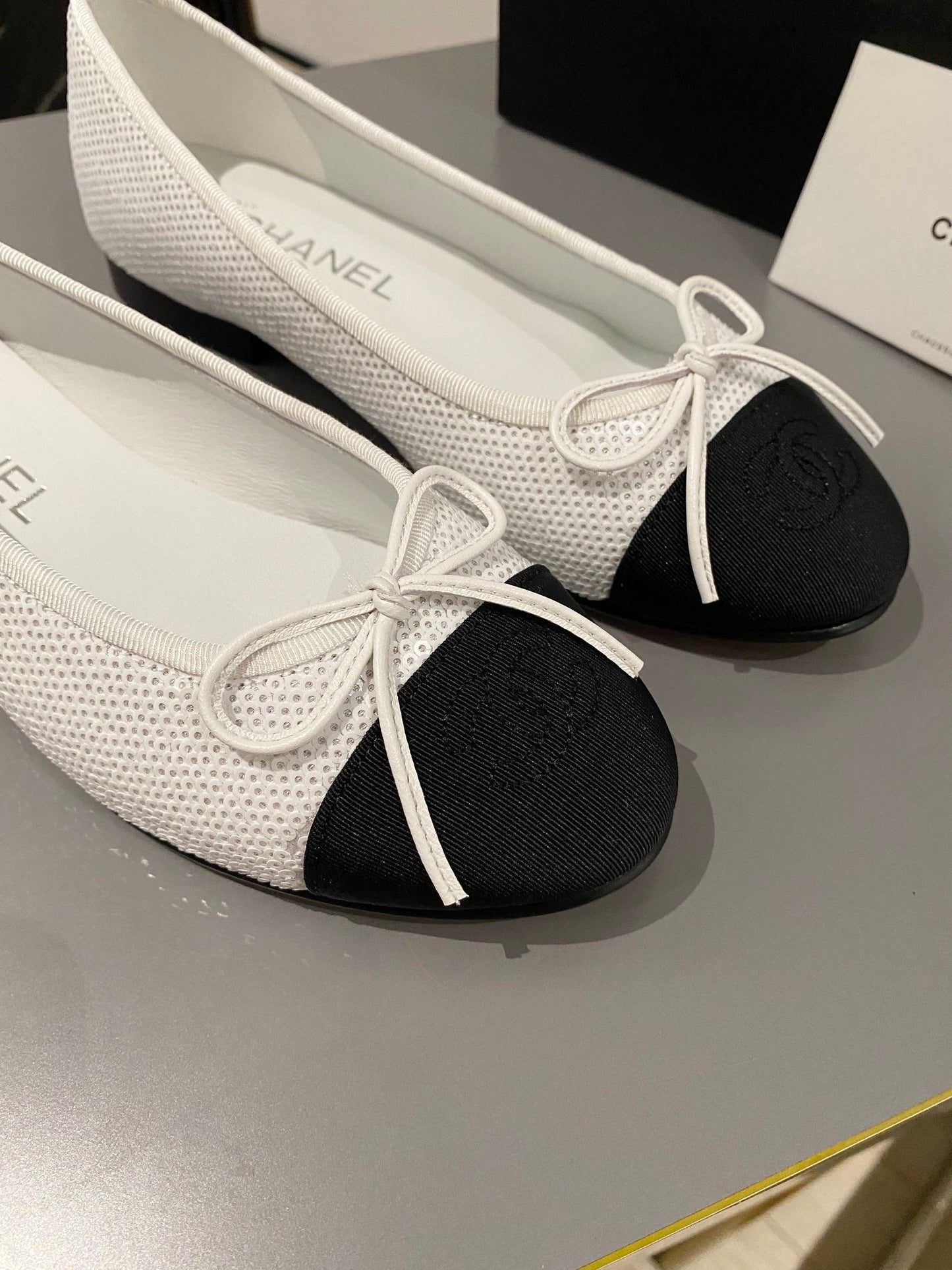 CHANEL ballet flat white glitter sequins black grosgrain