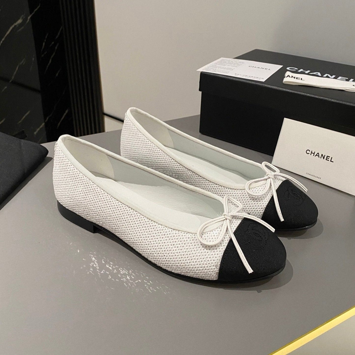 CHANEL ballet flat white glitter sequins black grosgrain