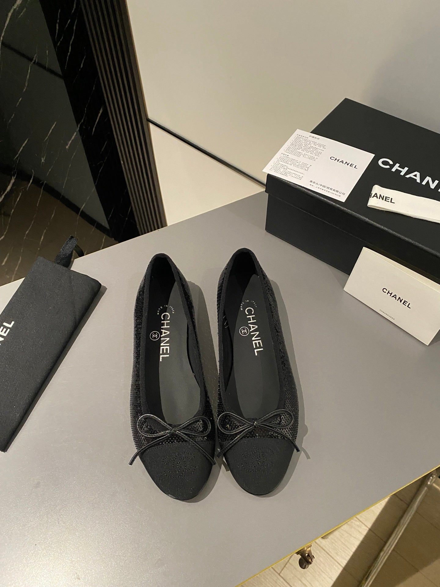 CHANEL ballet flat black glitter sequins grosgrain