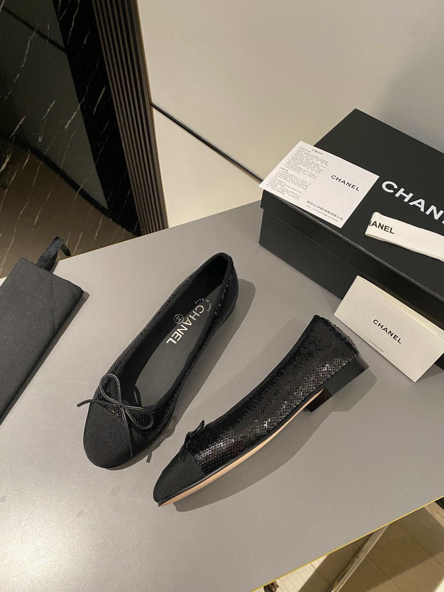 CHANEL ballet flat black glitter sequins grosgrain