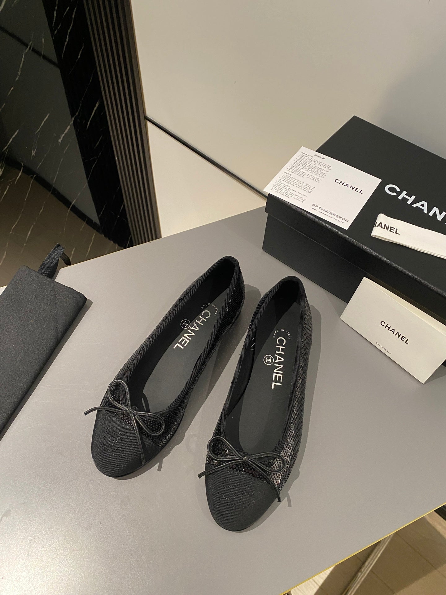 CHANEL ballet flat black glitter sequins grosgrain