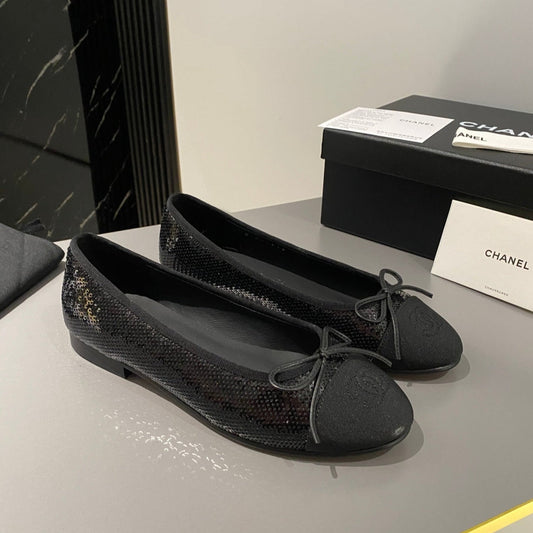 CHANEL ballet flat black glitter sequins grosgrain