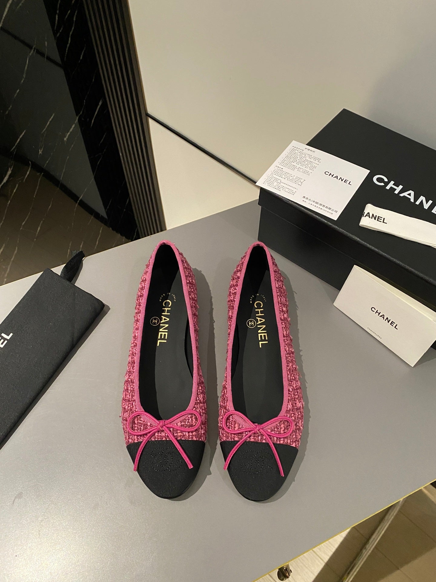 CHANEL ballet flat red tweed black grosgrain
