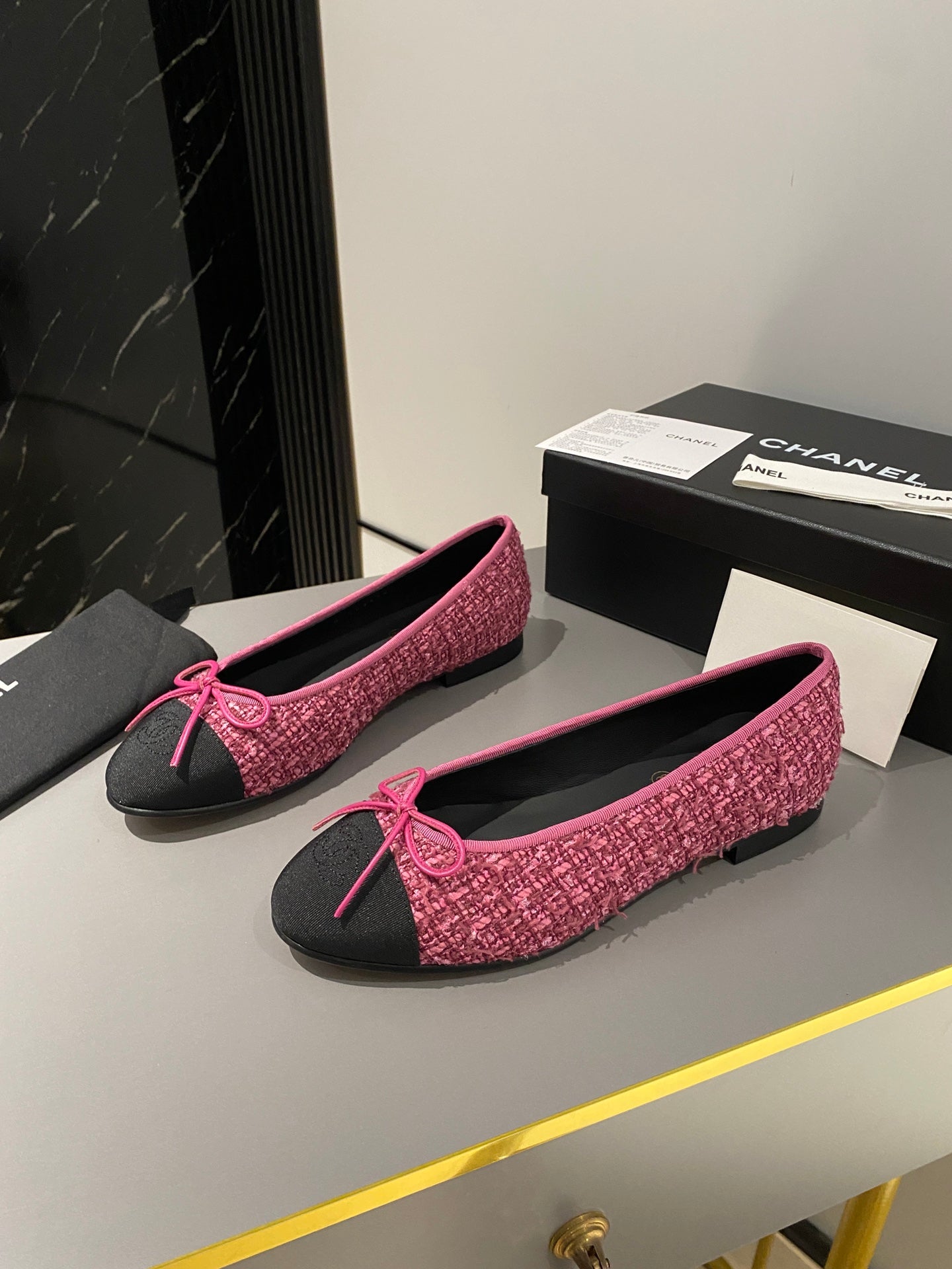 CHANEL ballet flat red tweed black grosgrain