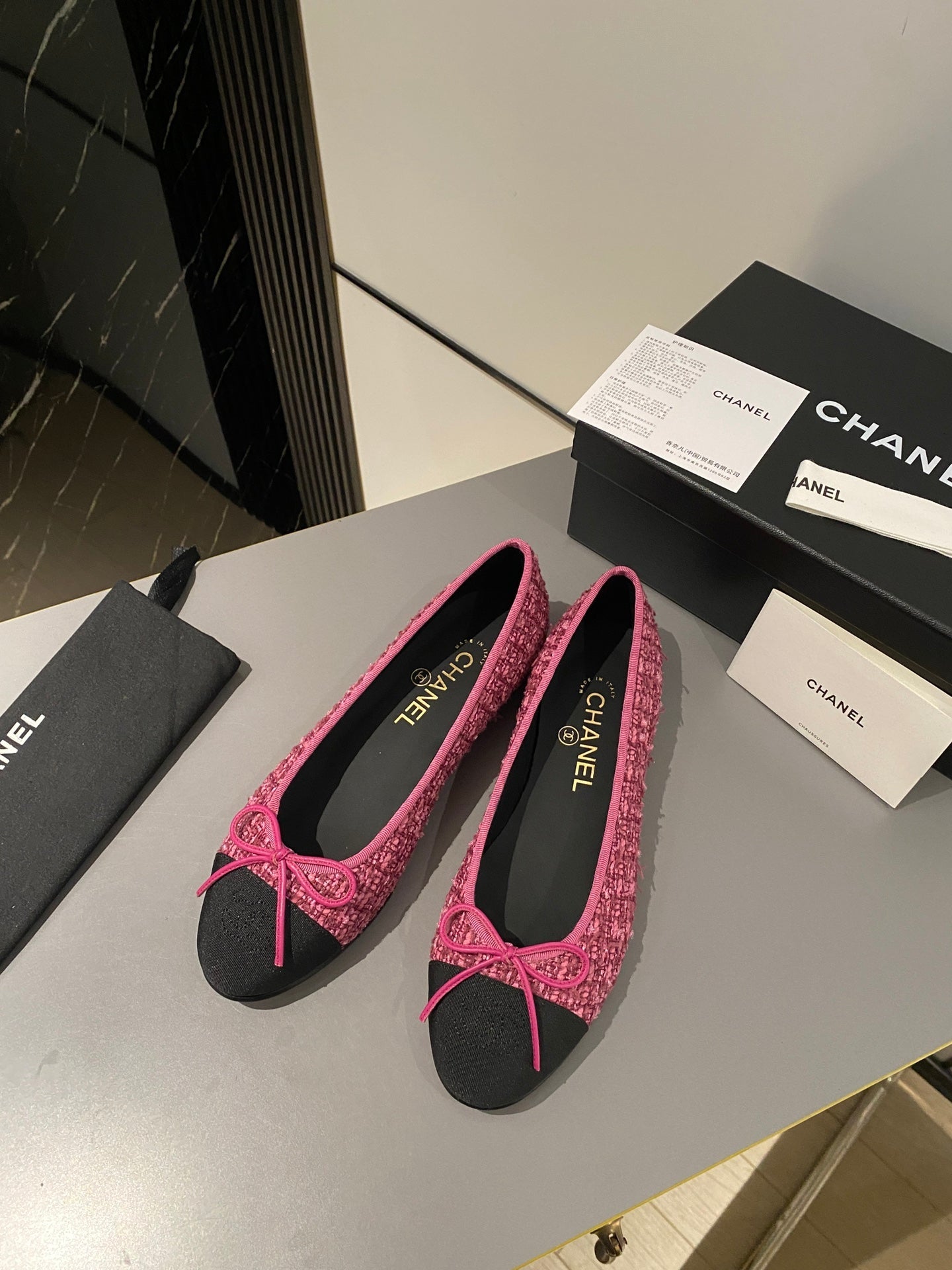 CHANEL ballet flat red tweed black grosgrain
