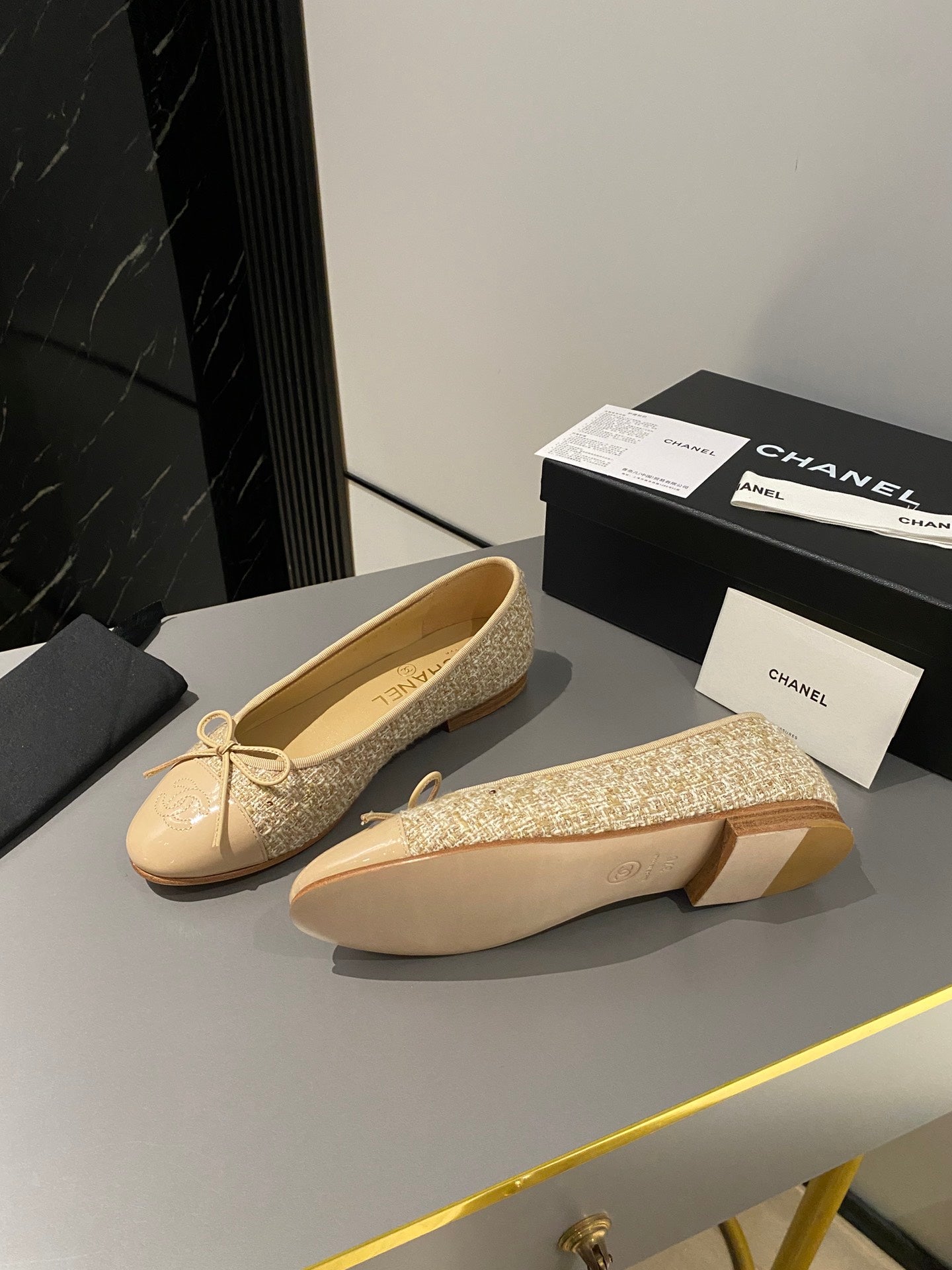 CHANEL ballet flat beige tweed patent calfskin