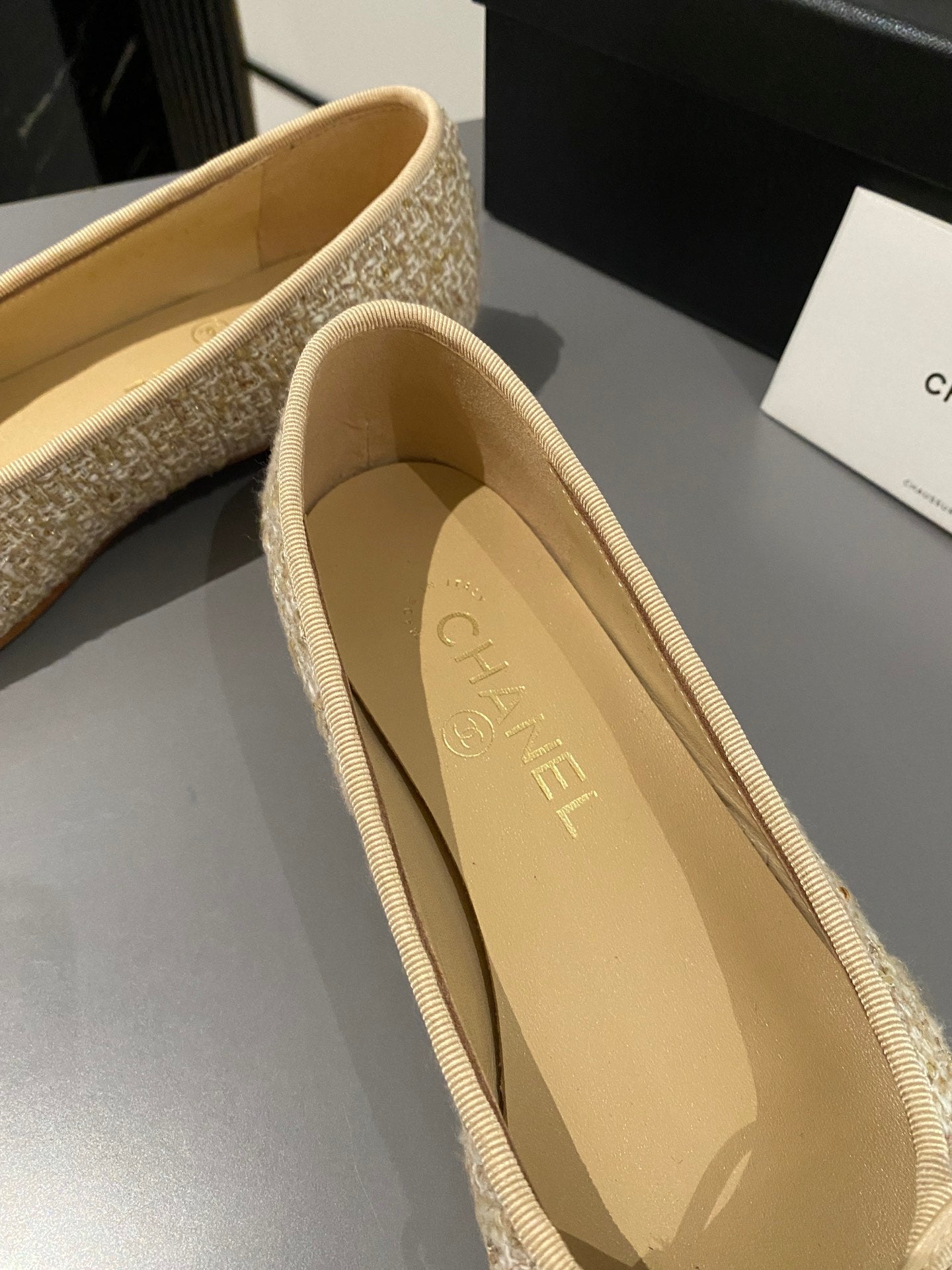 CHANEL ballet flat beige tweed patent calfskin
