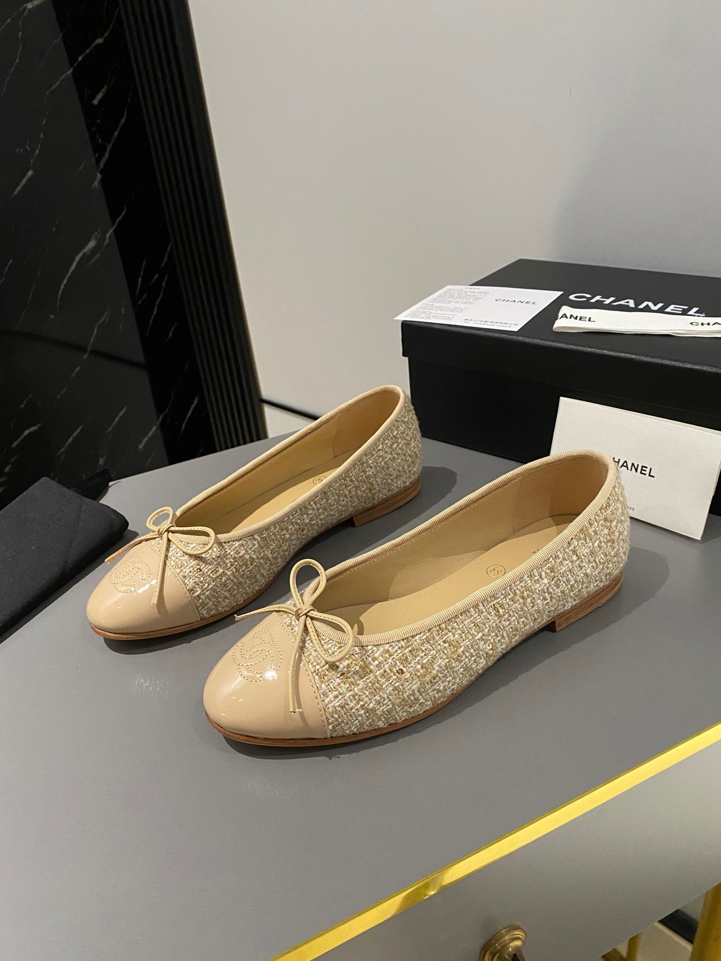 CHANEL ballet flat beige tweed patent calfskin