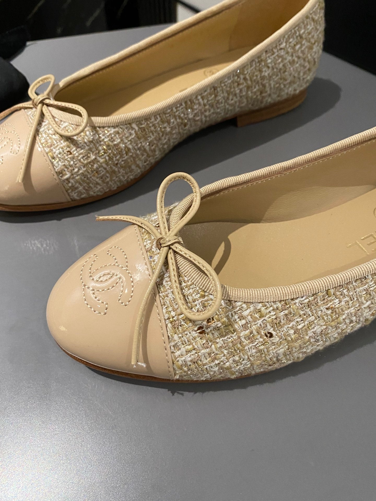 CHANEL ballet flat beige tweed patent calfskin