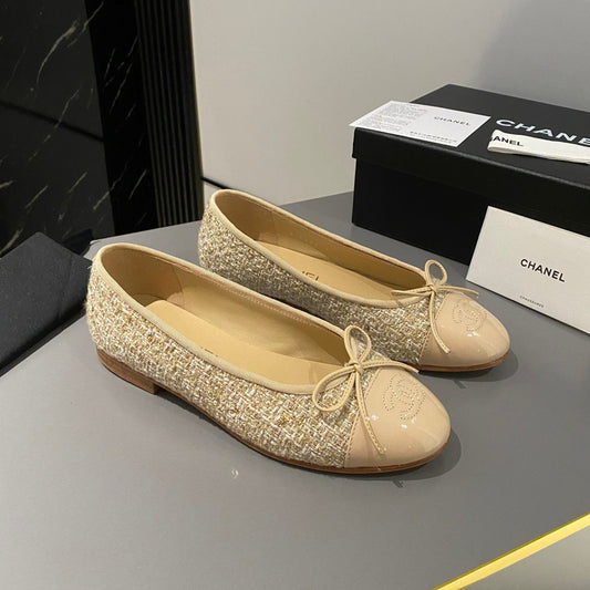 CHANEL ballet flat beige tweed patent calfskin