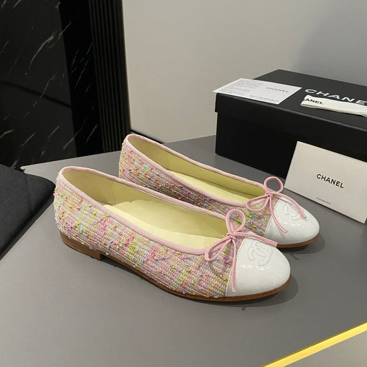 CHANEL ballet flat pink yellow green tweed white calfskin