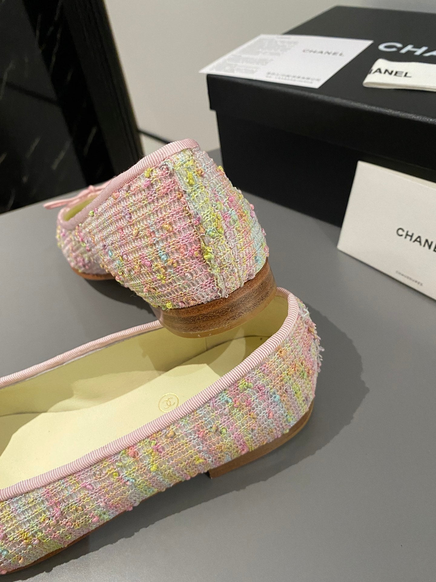 CHANEL ballet flat pink yellow green tweed white calfskin