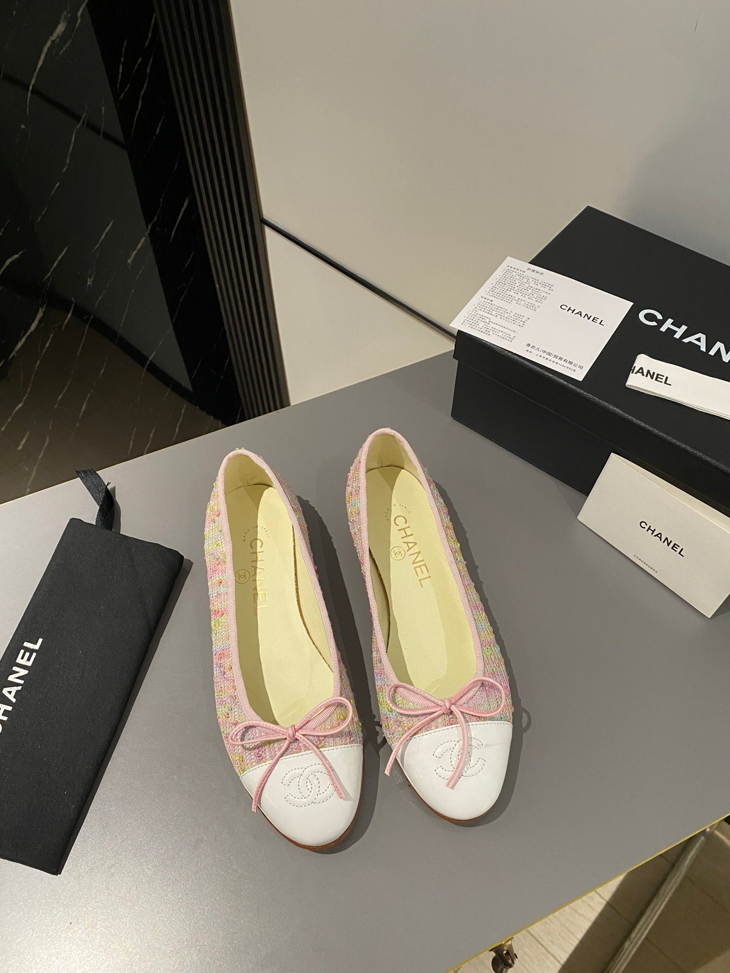 CHANEL ballet flat pink yellow green tweed white calfskin