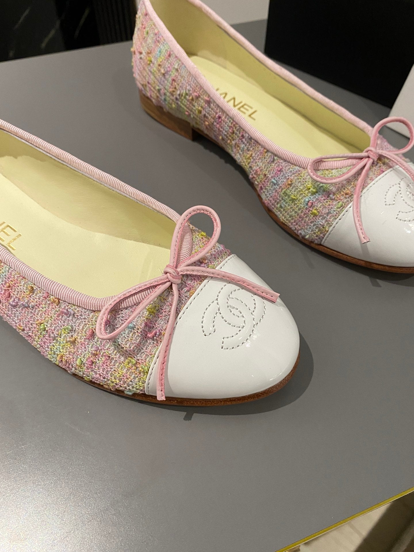 CHANEL ballet flat pink yellow green tweed white calfskin