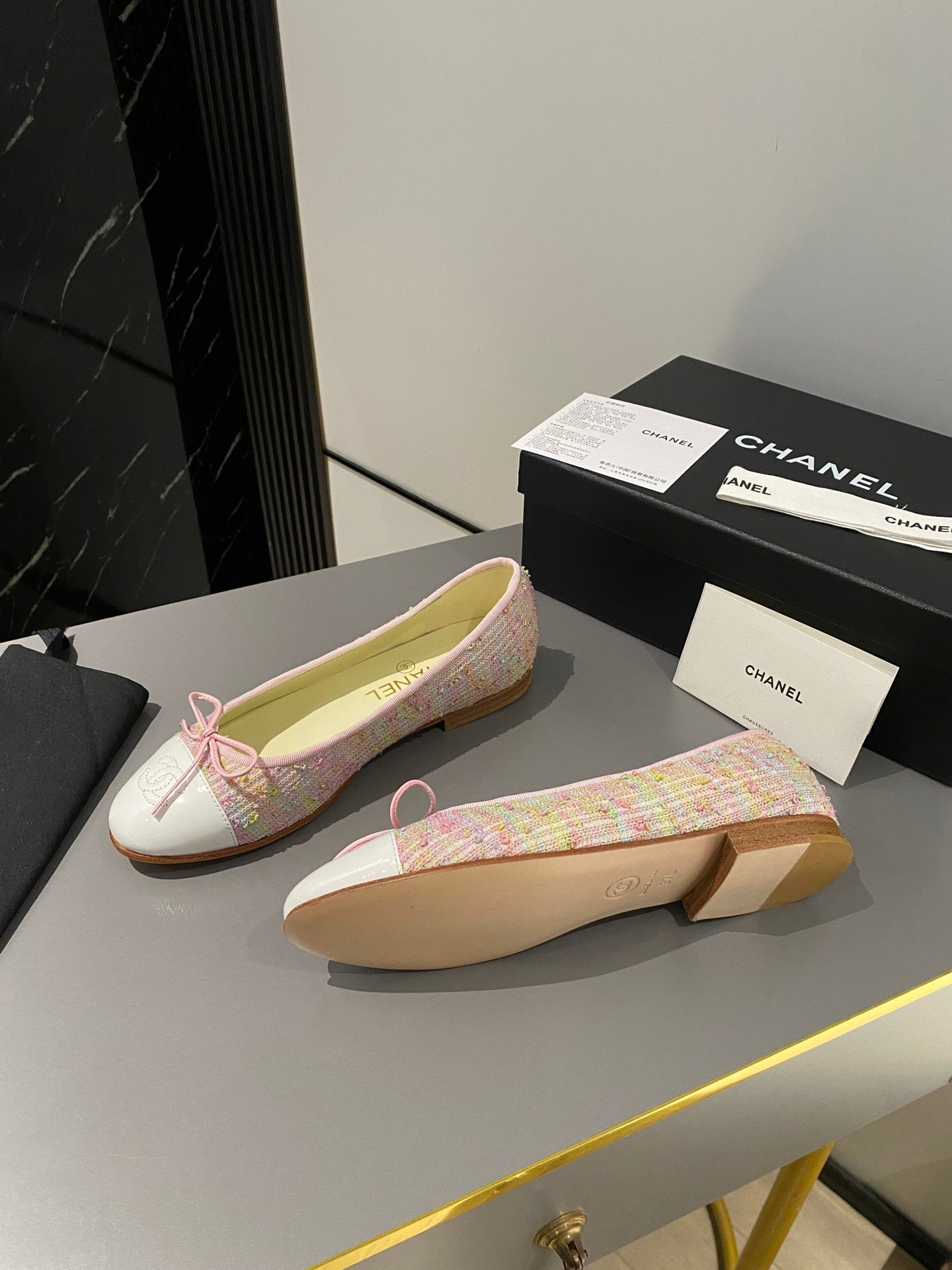 CHANEL ballet flat pink yellow green tweed white calfskin