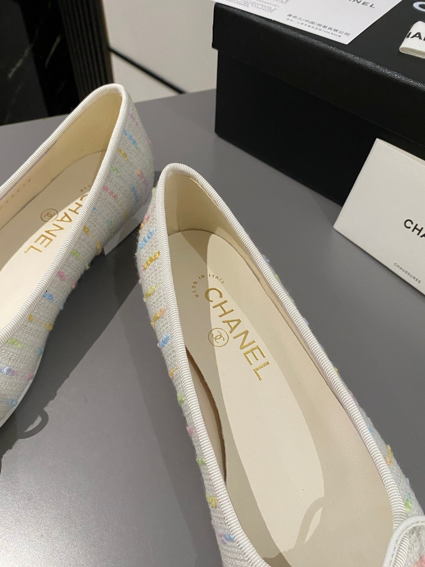 CHANEL ballet flat white cream embroidered fabric white calfskin