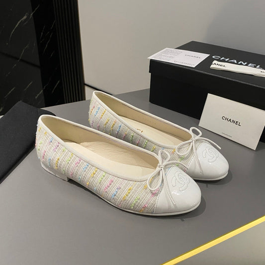 CHANEL ballet flat white cream embroidered fabric white calfskin