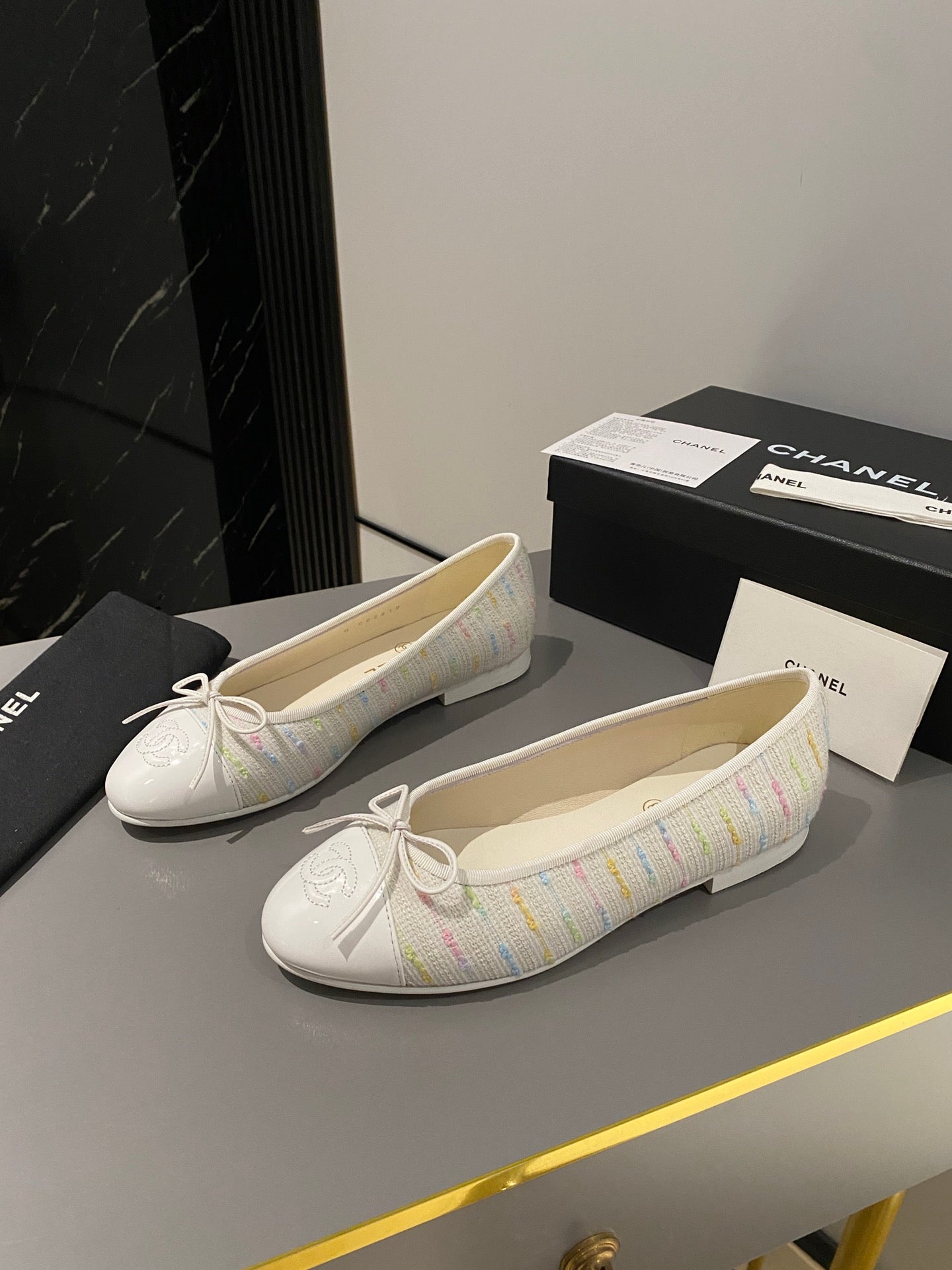 CHANEL ballet flat white cream embroidered fabric white calfskin