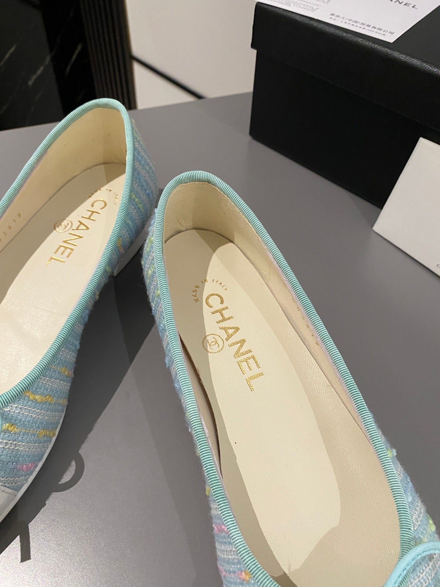 CHANEL ballet flat cloud blue embroidered fabric white calfskin