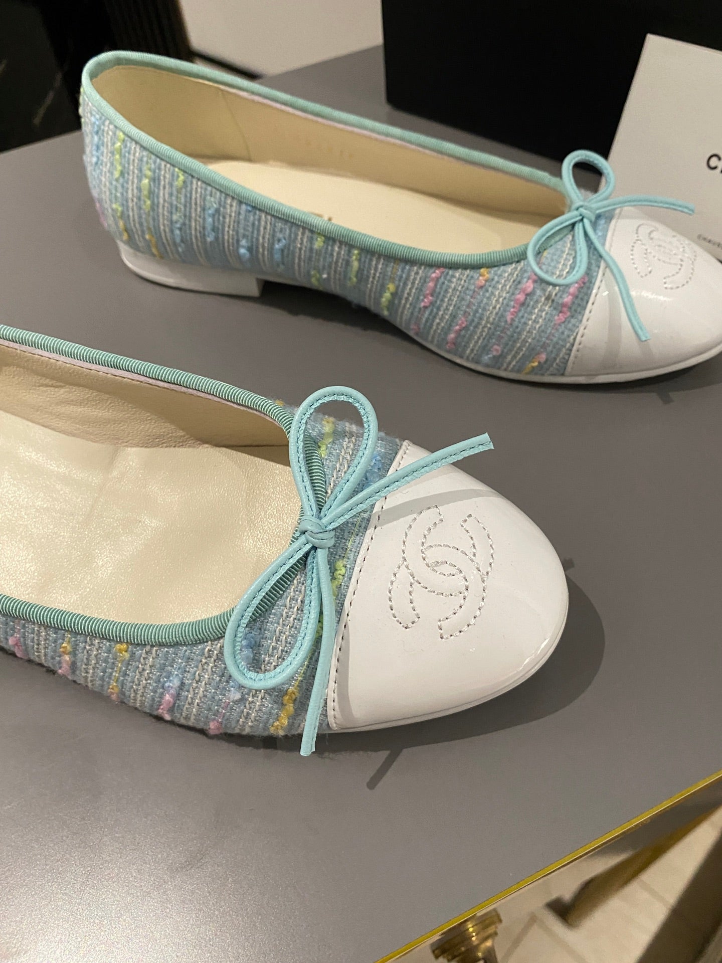 CHANEL ballet flat cloud blue embroidered fabric white calfskin