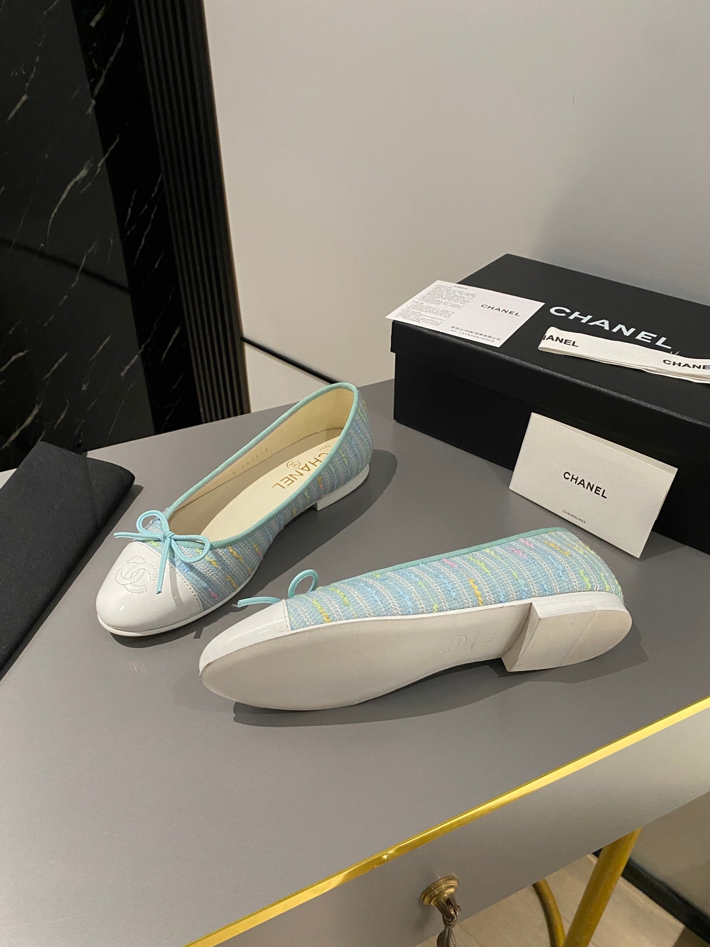 CHANEL ballet flat cloud blue embroidered fabric white calfskin
