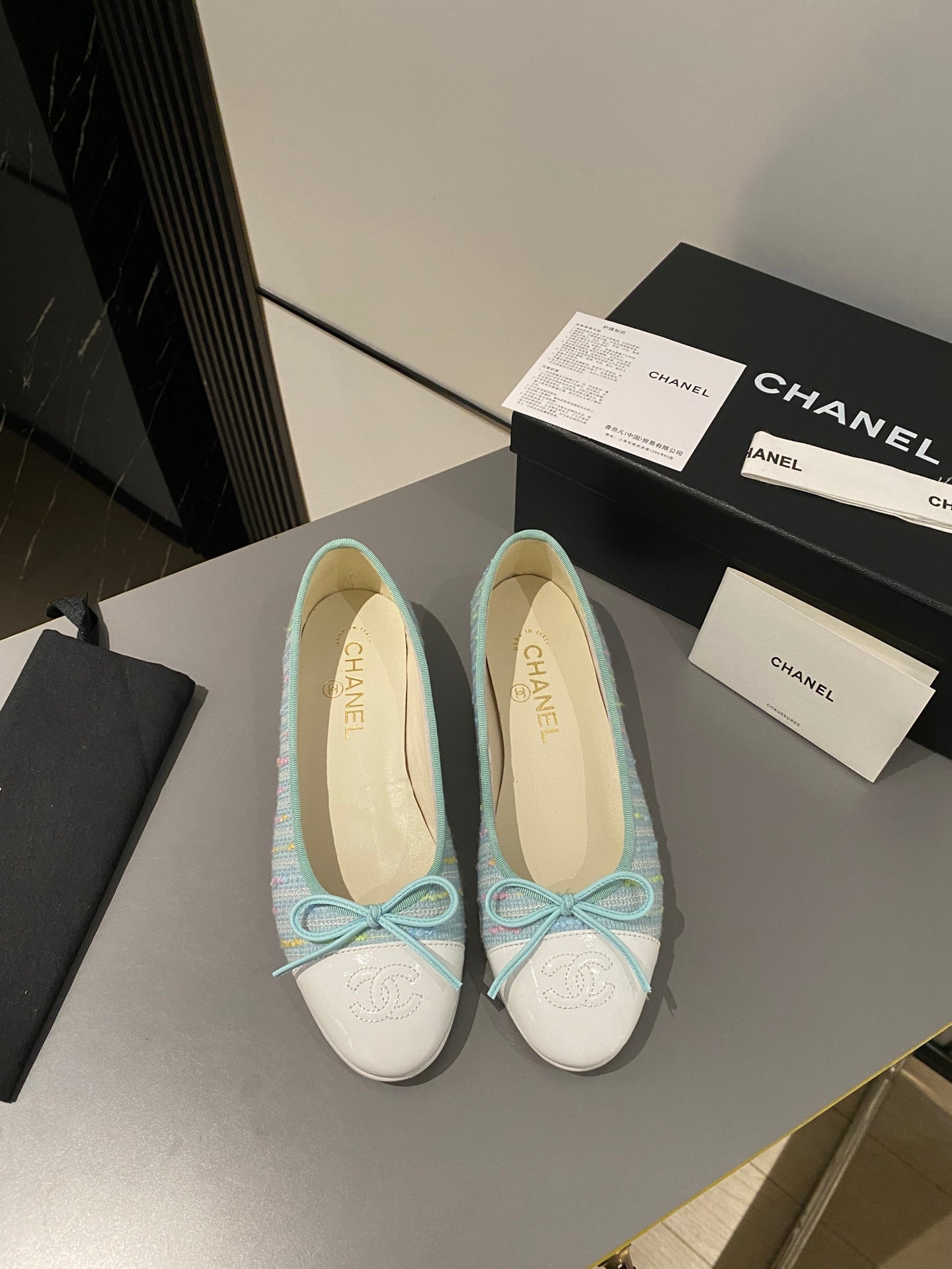 CHANEL ballet flat cloud blue embroidered fabric white calfskin