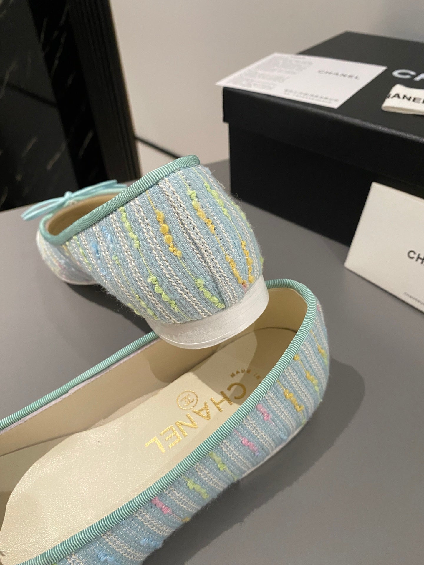 CHANEL ballet flat cloud blue embroidered fabric white calfskin