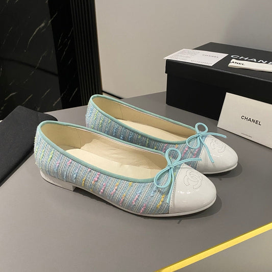 CHANEL ballet flat cloud blue embroidered fabric white calfskin