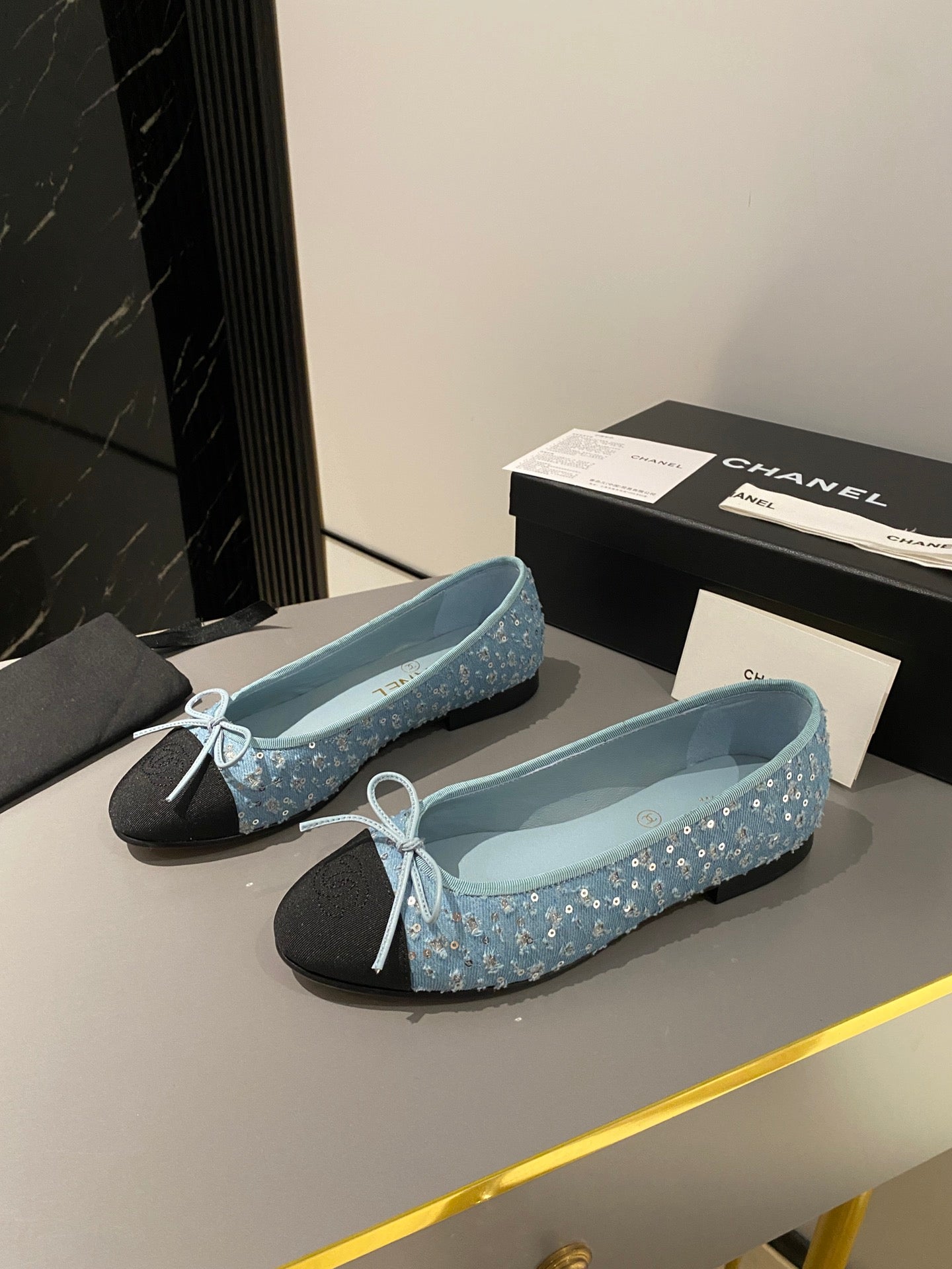 CHANEL ballet flat cloud blue glitter sequins canvas black grosgrain