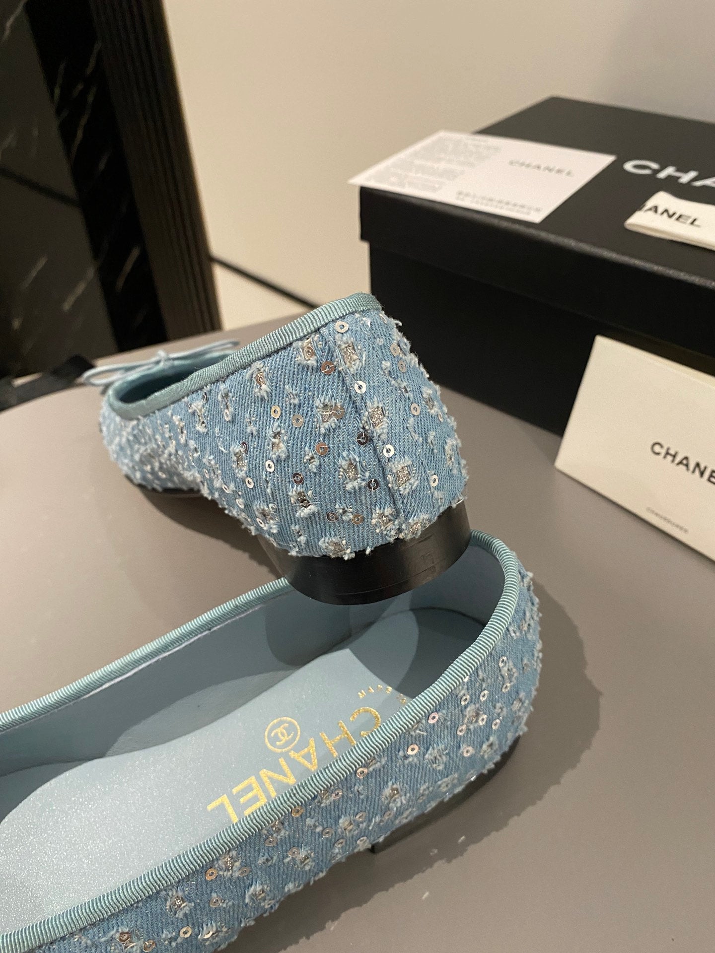 CHANEL ballet flat cloud blue glitter sequins canvas black grosgrain