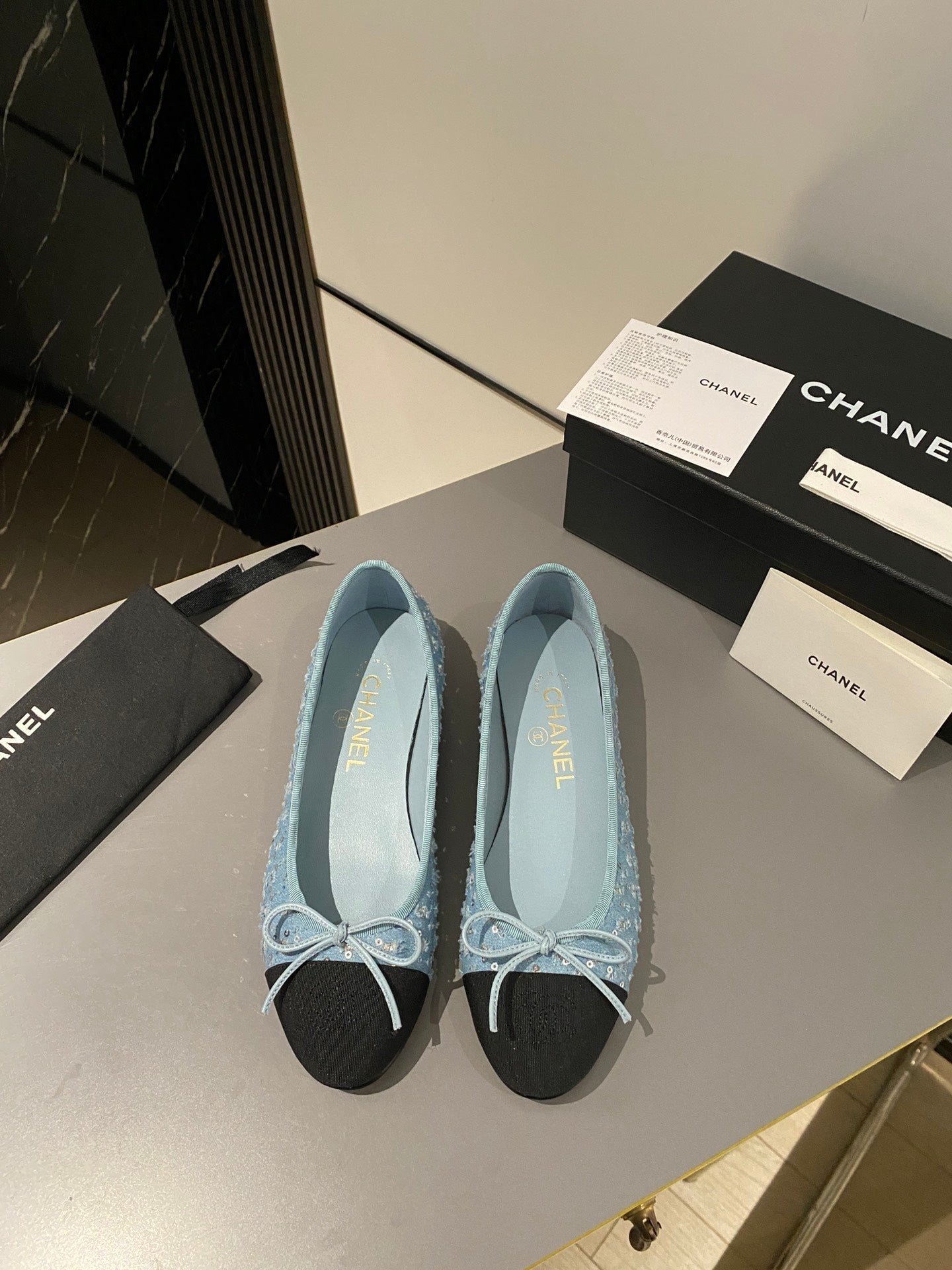 CHANEL ballet flat cloud blue glitter sequins canvas black grosgrain