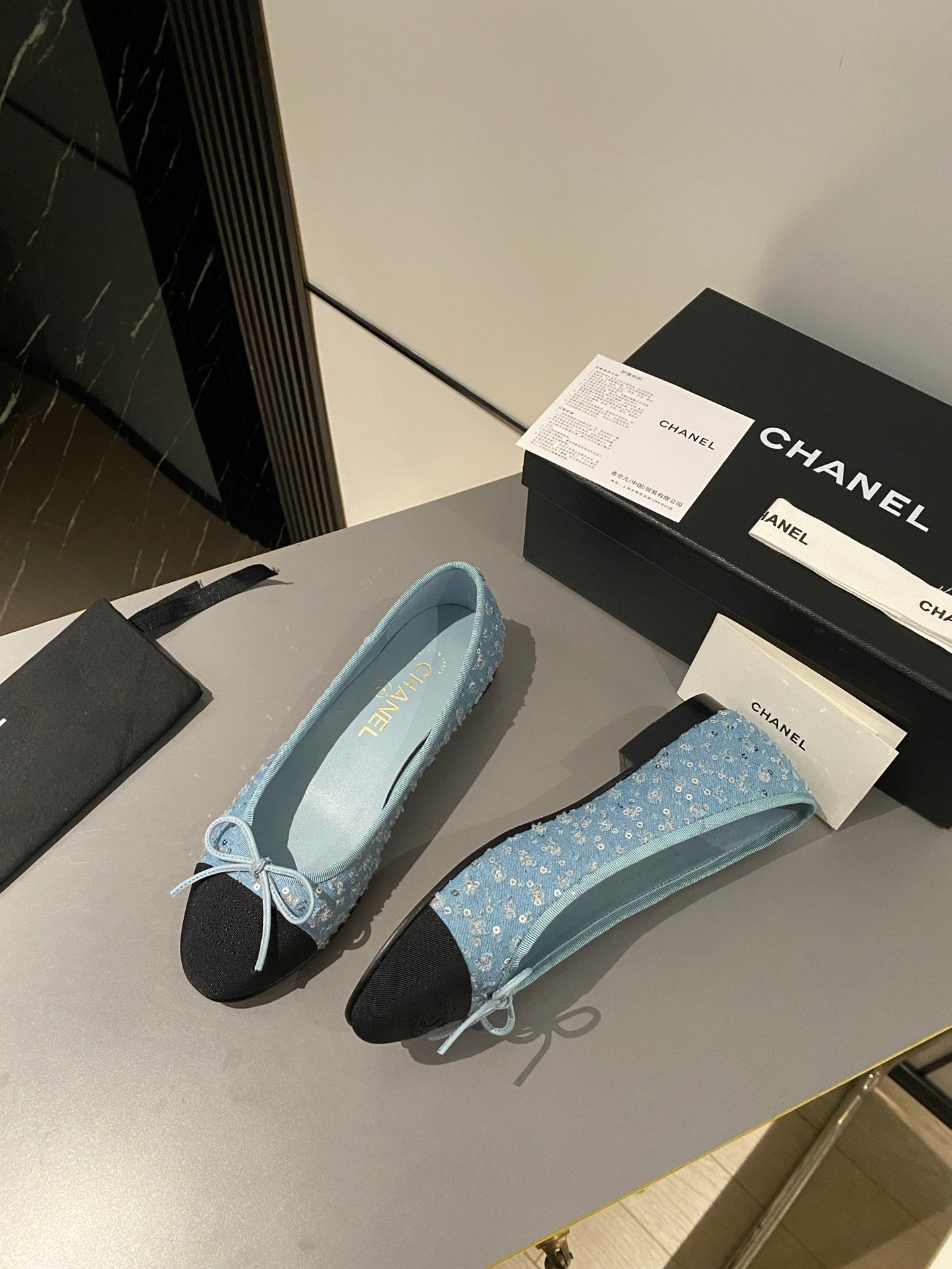CHANEL ballet flat cloud blue glitter sequins canvas black grosgrain