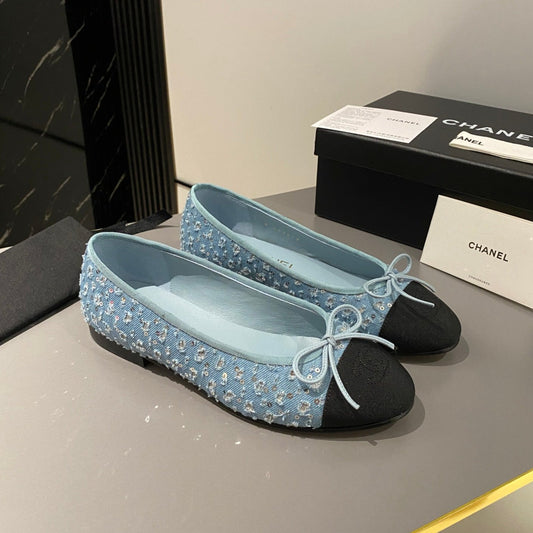 CHANEL ballet flat cloud blue glitter sequins canvas black grosgrain