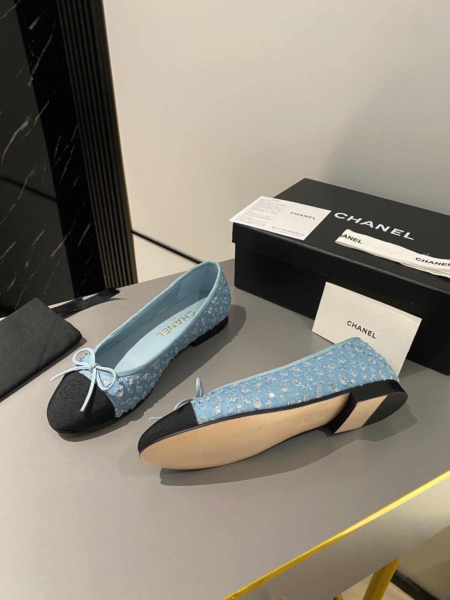 CHANEL ballet flat cloud blue glitter sequins canvas black grosgrain