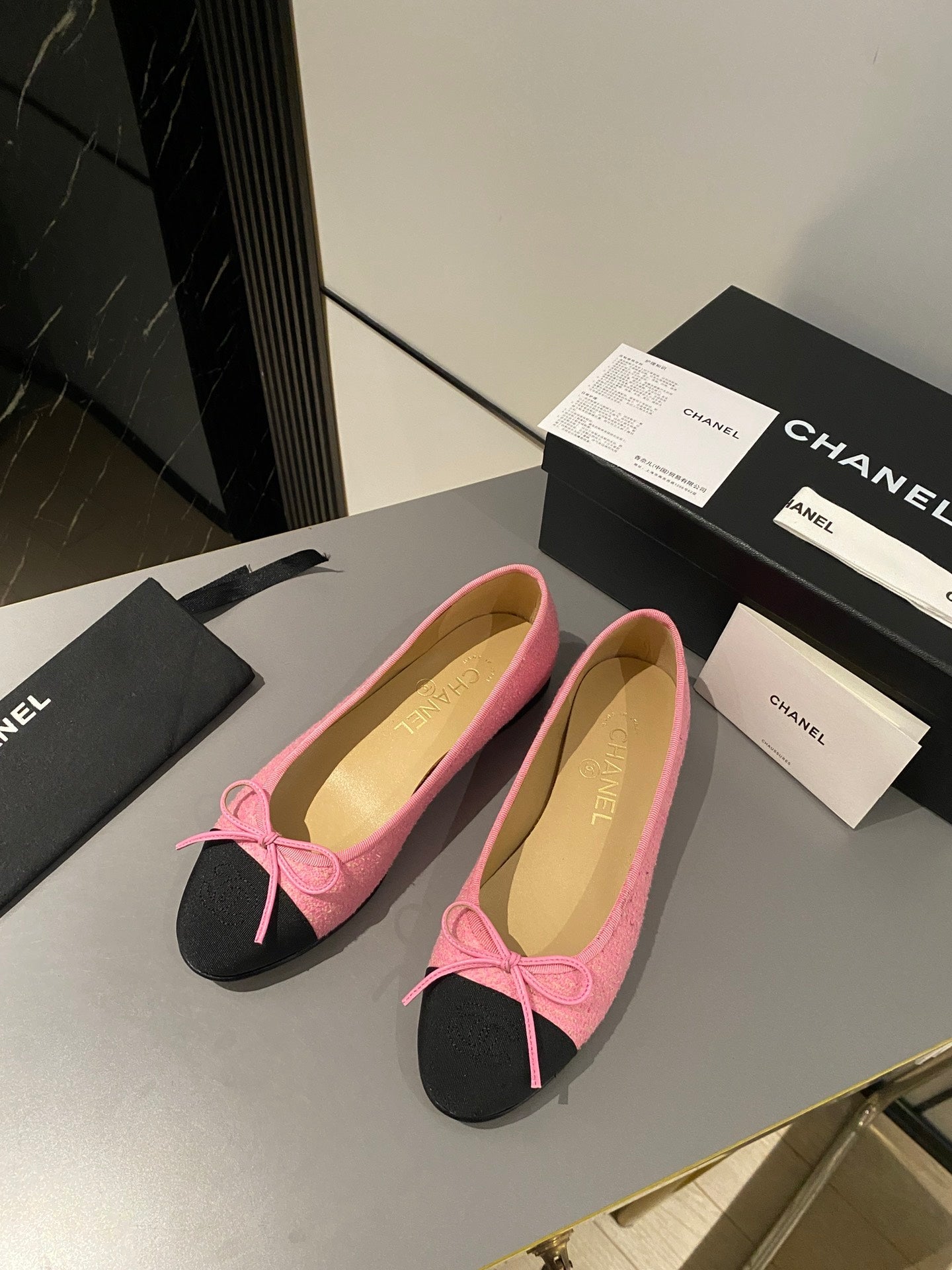 CHANEL ballet flat pink embroidered fabric black grosgrain