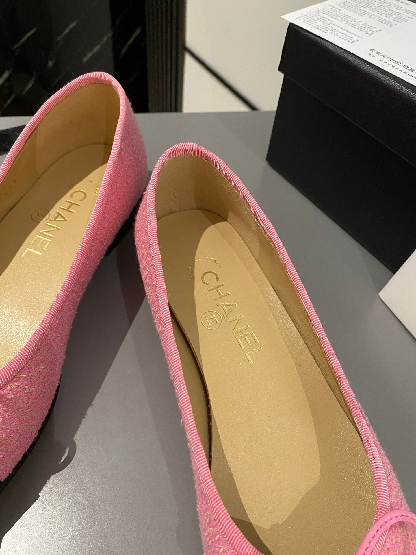 CHANEL ballet flat pink embroidered fabric black grosgrain