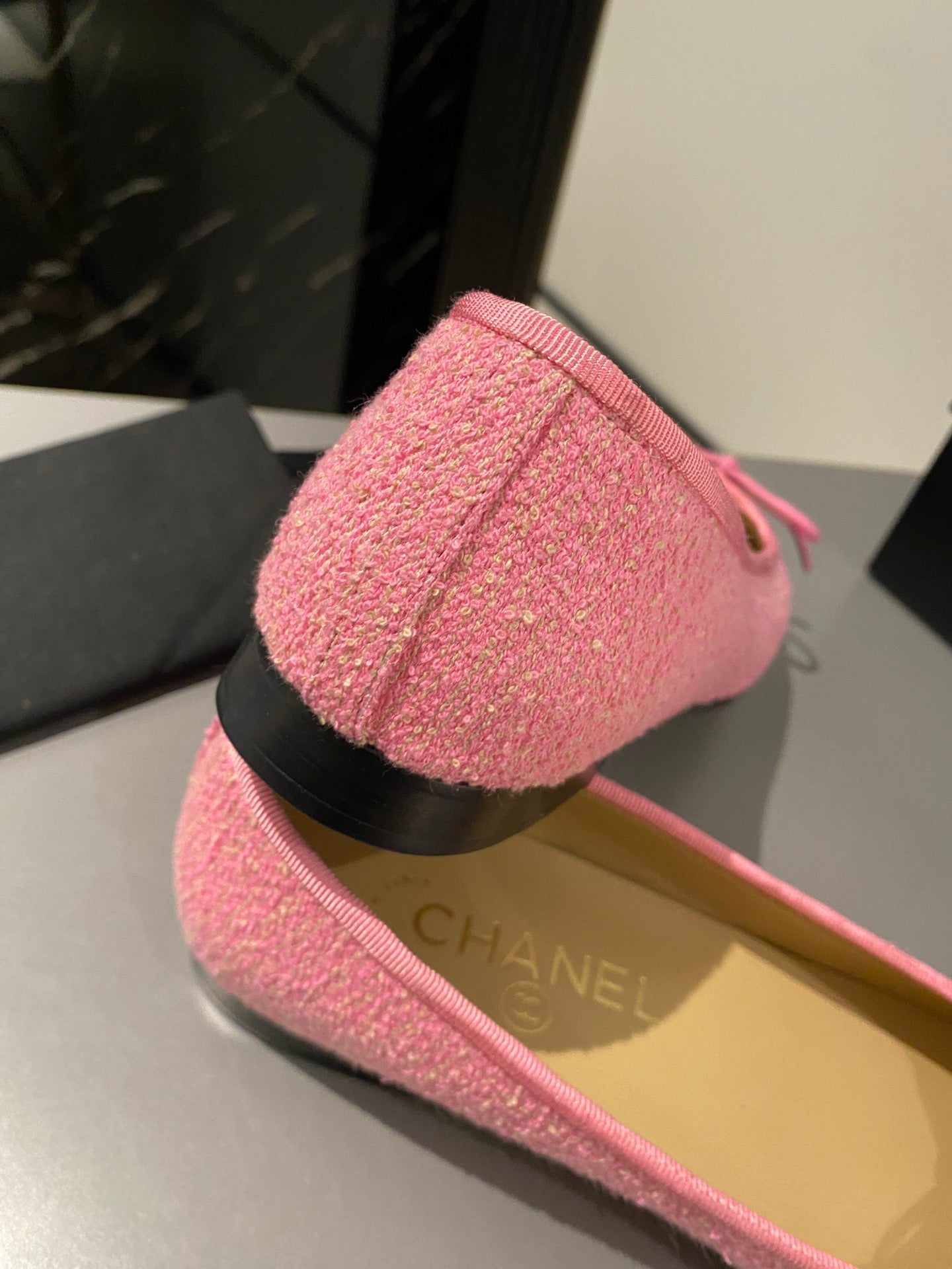 CHANEL ballet flat pink embroidered fabric black grosgrain
