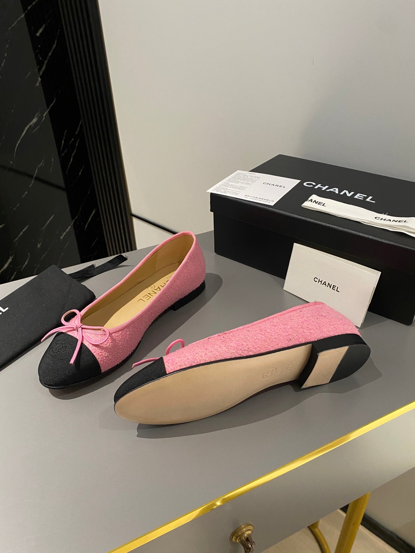 CHANEL ballet flat pink embroidered fabric black grosgrain